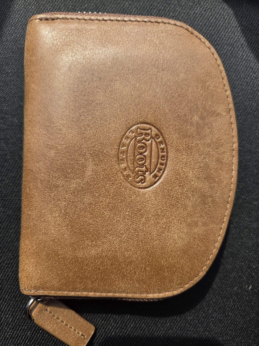 Roots Tan Leather Zip Wallet with Embossed Logo